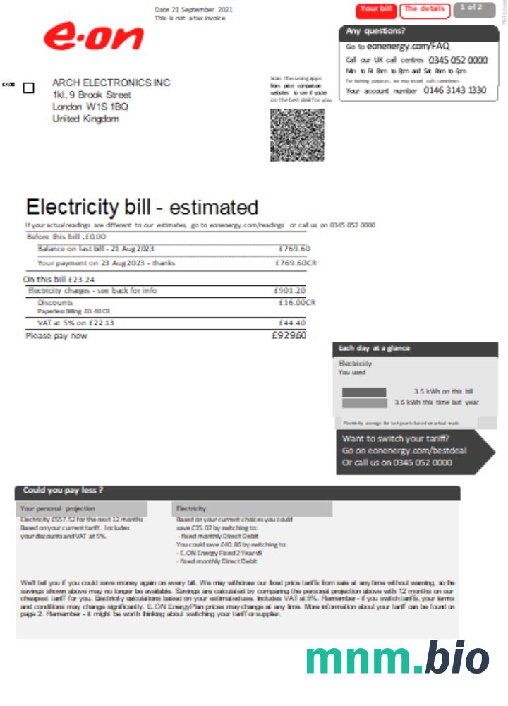 E. ON UK electricity rachunek za usługi komunalne, strona 1